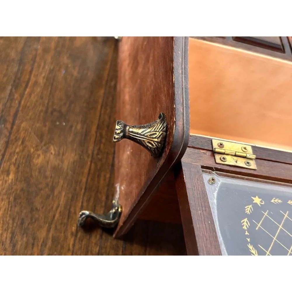 Vintage Wood Jewelry Armoire Glass Etched Doors Rotating Carousel Claw Feet